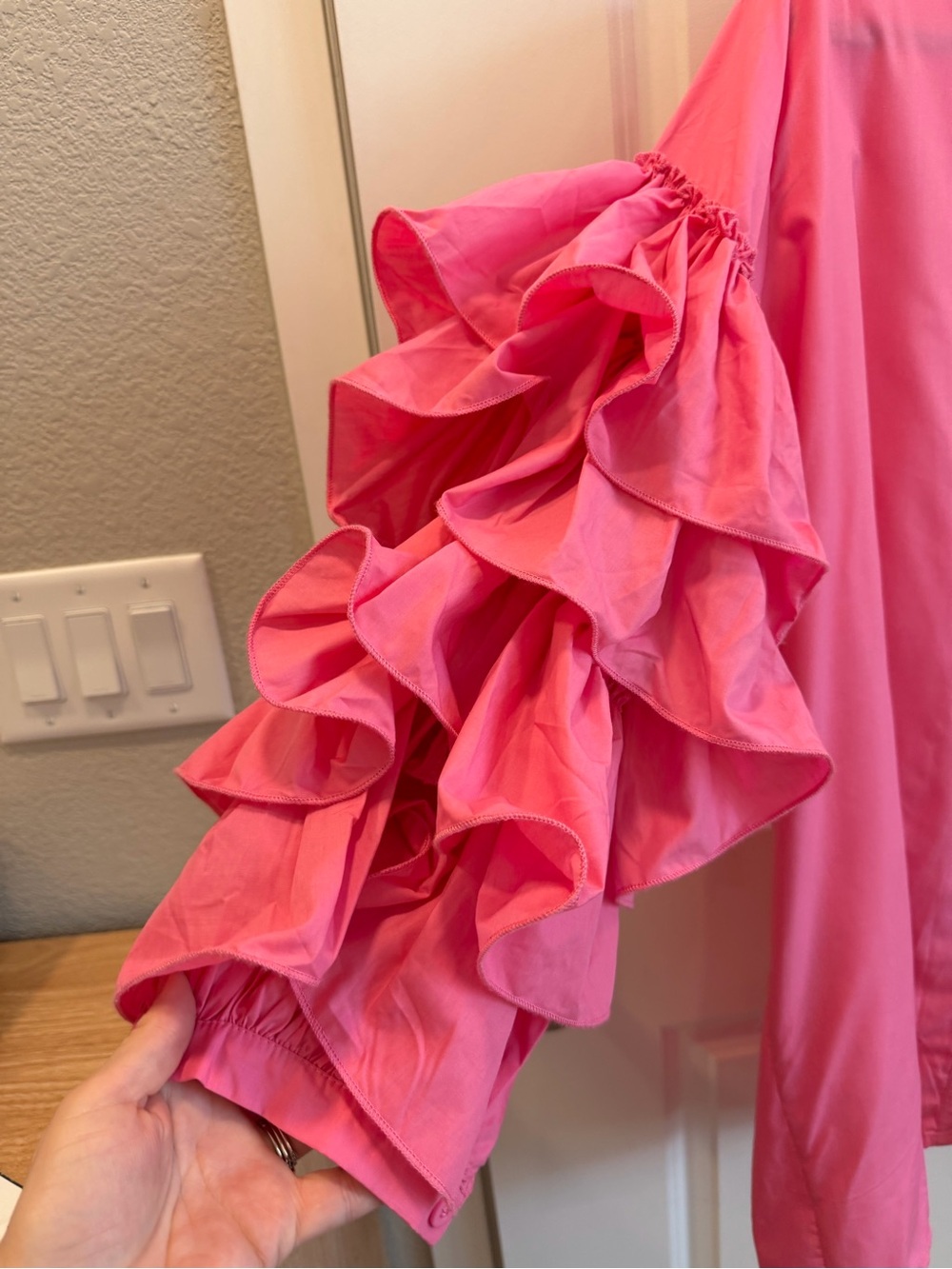 NWT Beulah Style Kendra Hot Pink Tiered Ruffle Sleeve Mini Shirt Dress S/M - Picture 5 of 9